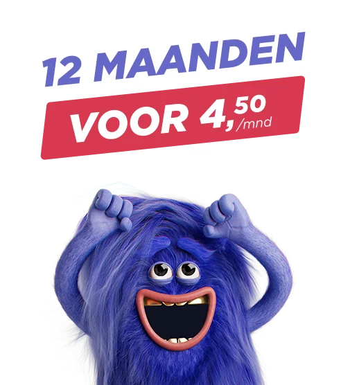 Blij knuffelbeestje naast tekst: 12 maanden voor 4,50 per maand