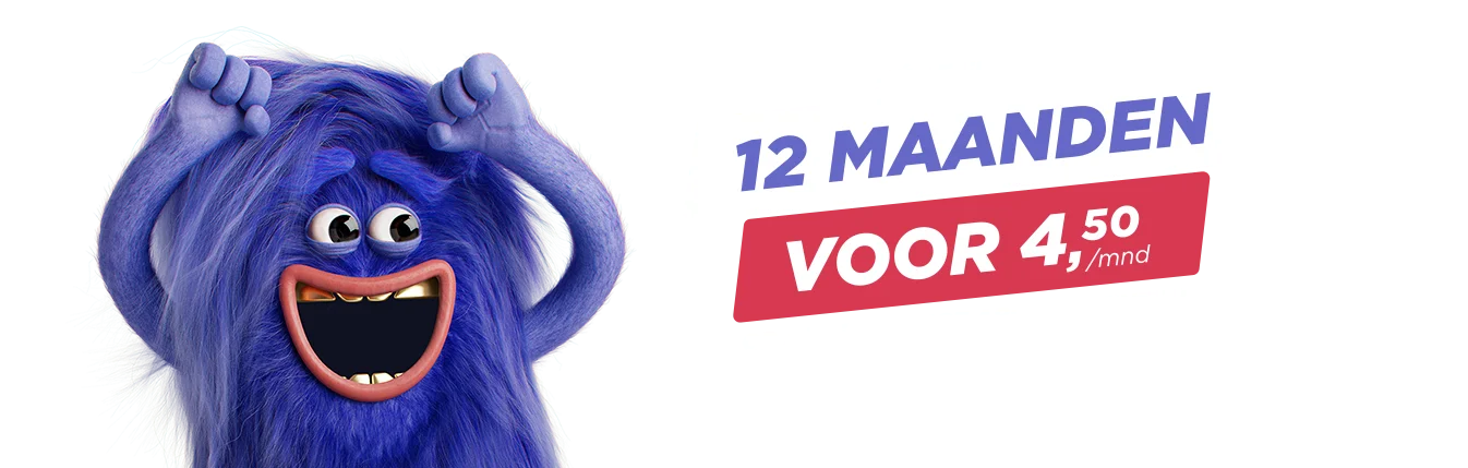 Blij knuffelbeestje naast tekst: 12 maanden voor 4,50 per maand