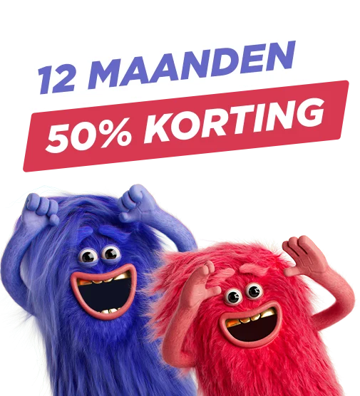 Blij knuffelbeestje naast tekst: 12 maanden met 50% korting