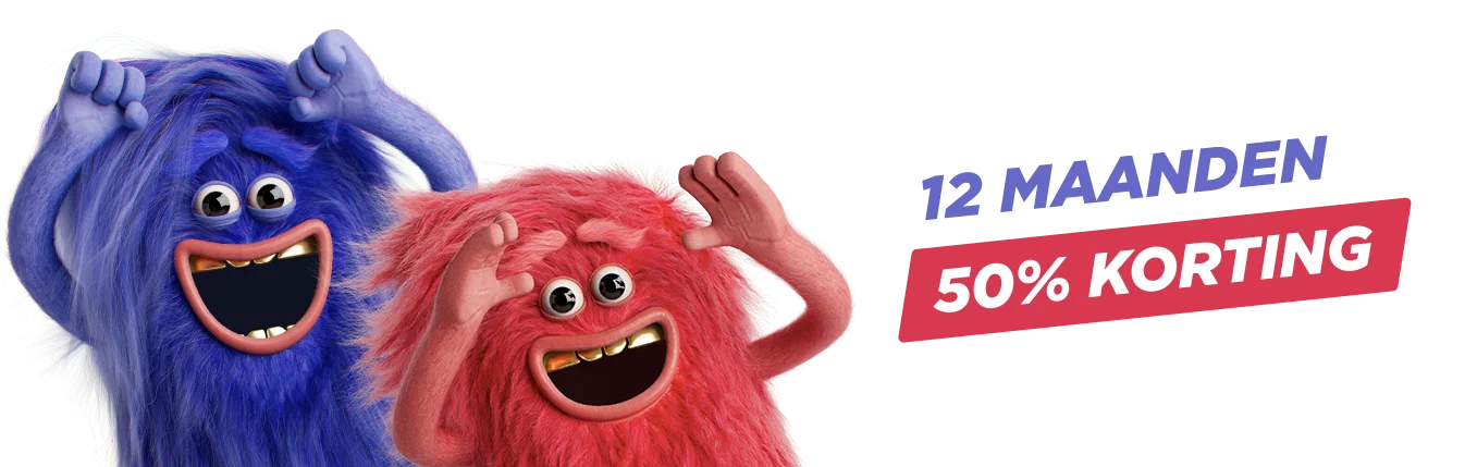 Blij knuffelbeestje naast tekst: 12 maanden met 50% korting