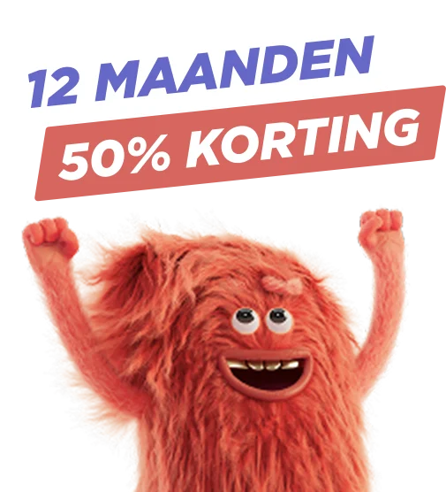 Blij knuffelbeestje naast tekst: Nu op alle 2-jarige Sim Only 12 maanden 50% korting