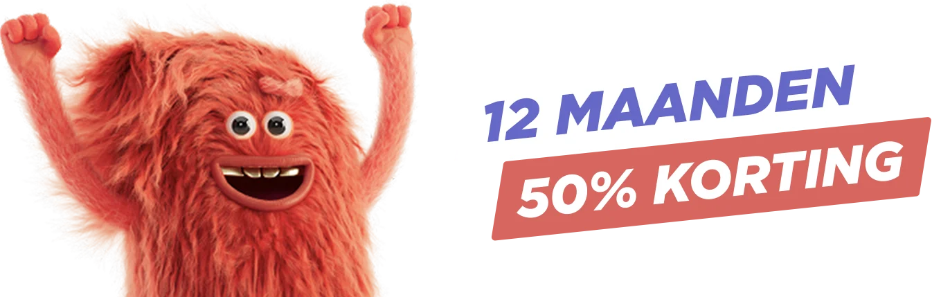 Blij knuffelbeestje naast tekst: Nu op alle 2-jarige Sim Only 12 maanden 50% korting
